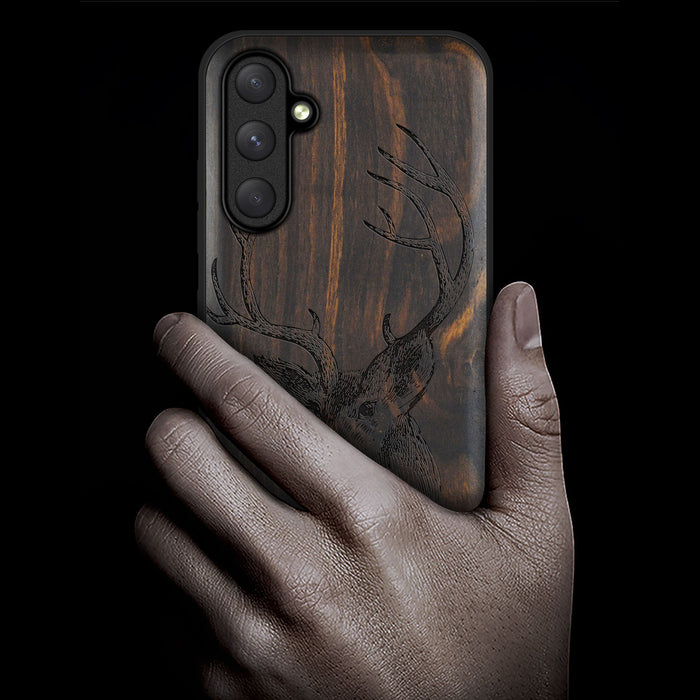 The Half-Length Deer Linework Art, Classic Engraved Wood & TPU Case - Artisanal Cover for Samsung Galaxy