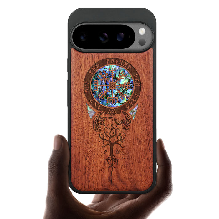 Eternal Compass Roots, Hand-Inlaid Wood & Mother of Pearl Case - Artisanal Cover for Google Pixel