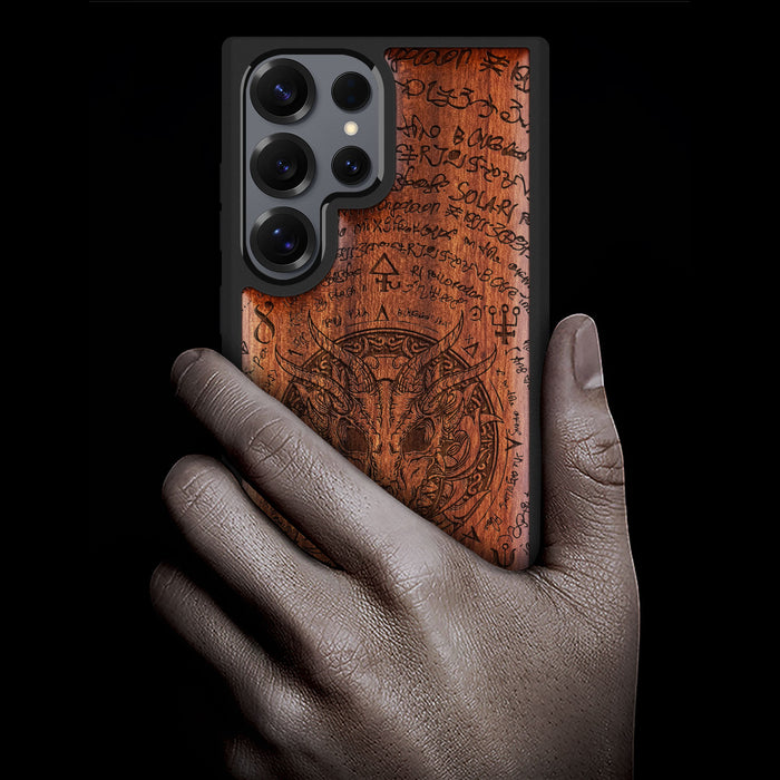 Dragon Skull within an Octagonal Star, Classic Engraved Wood & TPU Case - Artisanal Cover for Samsung Galaxy