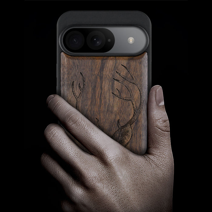 The Half-Length Deer Linework Art, Classic Engraved Wood & TPU Case - Artisanal Cover for Google Pixel