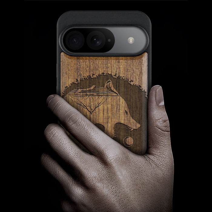 Yin-Yang Wolf, Classic Engraved Wood & TPU Case - Artisanal Cover for Google Pixel