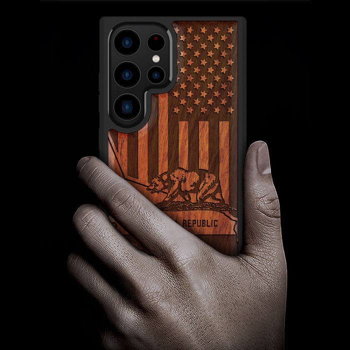 California's Emblematic Tribute, Classic Engraved Wood & TPU Case - Artisanal Cover for Samsung Galaxy