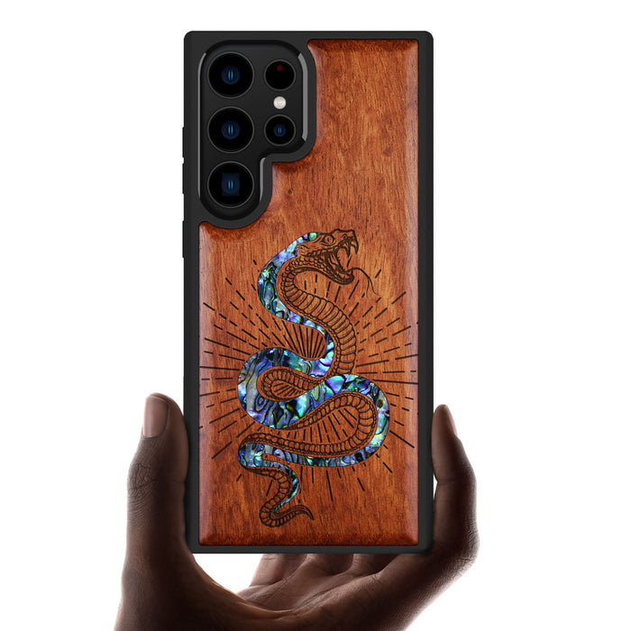 Viper's Coil, Hand-Inlaid Wood & Mother of Pearl Case - Artisanal Cover for Samsung Galaxy