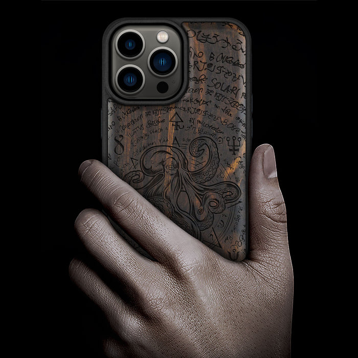 Octopus and Octagonal Star Classic Engraved Wood & TPU Case Apple iPhone Artisanal Case View