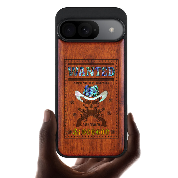 Outlaw Skull Wanted, Hand-Inlaid Wood & Mother of Pearl Case - Artisanal Cover for Google Pixel