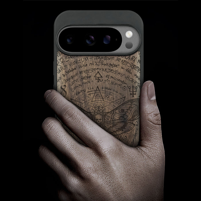 The Death Moth and Octagonal Star, Classic Engraved Wood & TPU Case - Artisanal Cover for Google Pixel