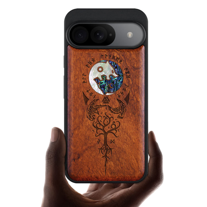 Vegvísir, Ravens, and Yggdrasil, Hand-Inlaid Wood & Mother of Pearl Case - Artisanal Cover for Google Pixel