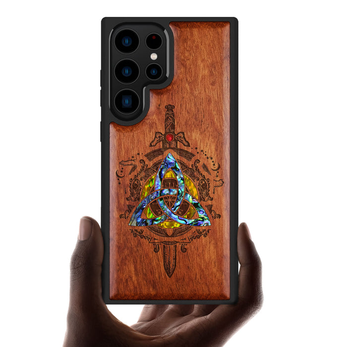 Norse Emblems, Hand-Inlaid Wood & Mother of Pearl Case - Artisanal Cover for Samsung Galaxy