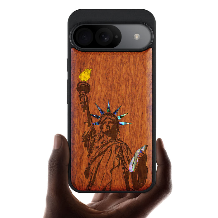 Statue of Liberty, Hand-Inlaid Wood & Mother of Pearl Case - Artisanal Cover for Google Pixel