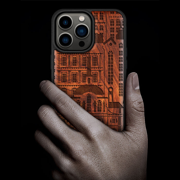 Urban Elegance, Classic Engraved Wood & TPU Case - Artisanal Cover for Apple iPhone