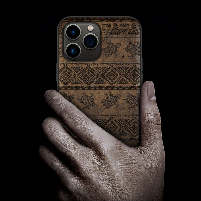 The Aztec Sea Turtle, Classic Engraved Wood & TPU Case - Artisanal Cover for Apple iPhone