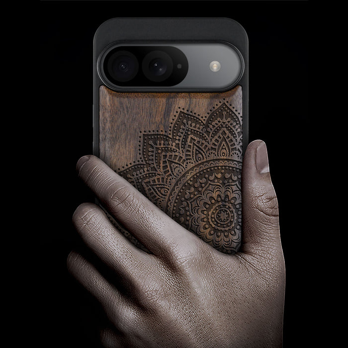 The Half Mandala Lace Art, Classic Engraved Wood & TPU Case - Artisanal Cover for Google Pixel