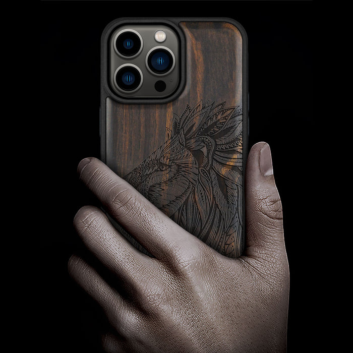 The Ornate Lion's Head, Classic Engraved Wood & TPU Case - Artisanal Cover for Apple iPhone