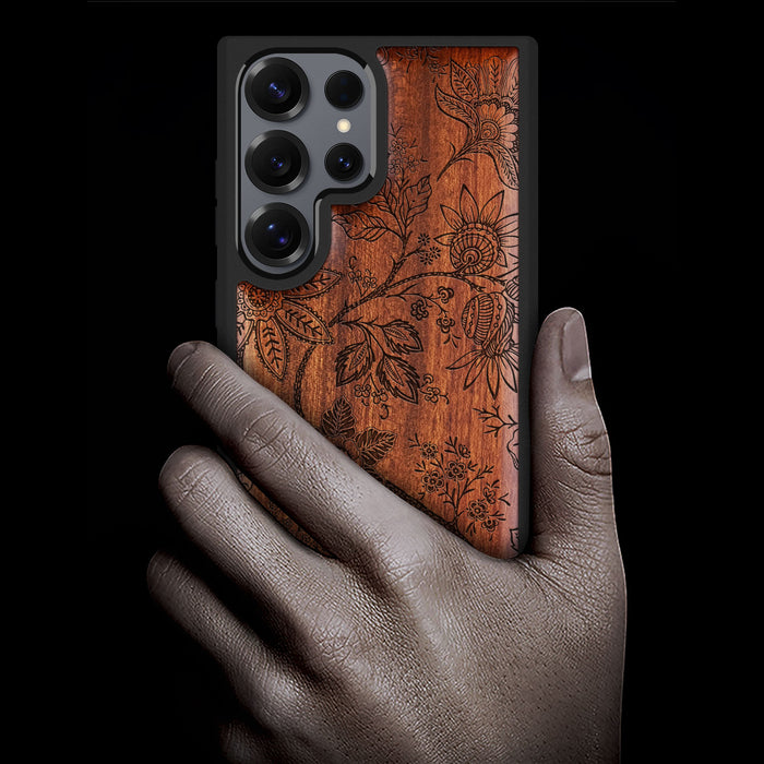 Vintage Fantasy Flowers Classic Engraved Wood & TPU Case Samsung Galaxy Artisanal Case View