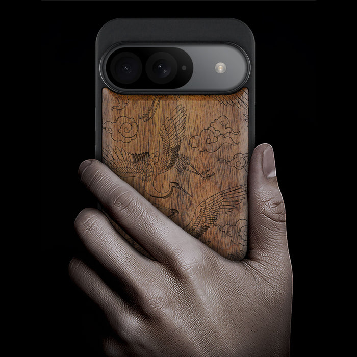 Auspicious Cranes and Clouds, Classic Engraved Wood & TPU Case - Artisanal Cover for Google Pixel