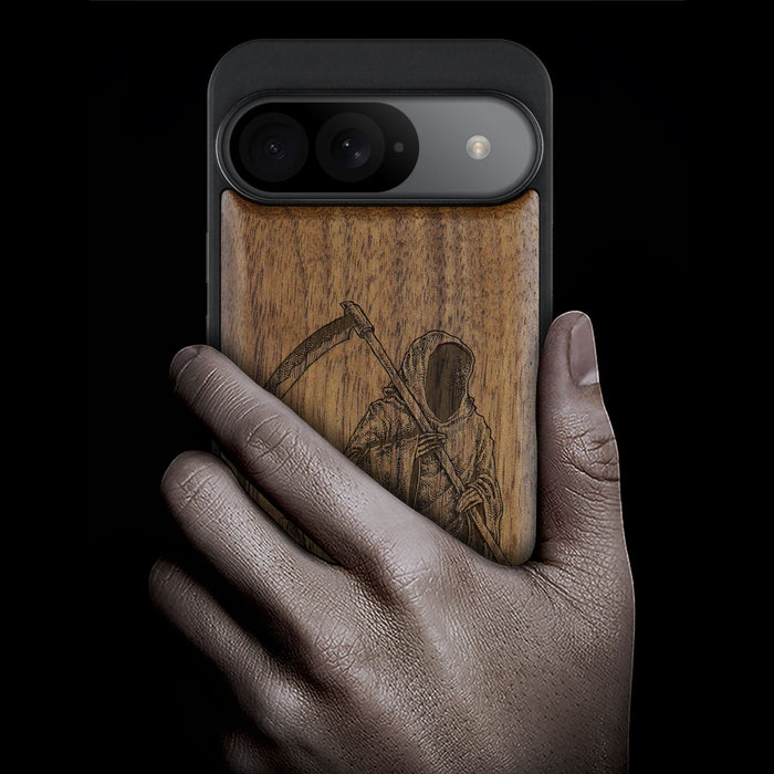 The Grim Reaper, Classic Engraved Wood & TPU Case - Artisanal Cover for Google Pixel