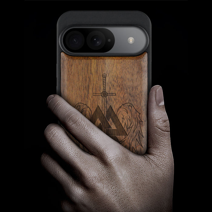 Valknut and Sword, Classic Engraved Wood & TPU Case - Artisanal Cover for Google Pixel