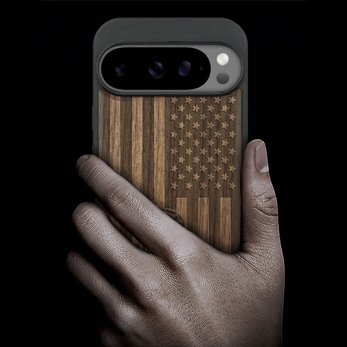 Patriot Flag, Classic Engraved Wood & TPU Case - Artisanal Cover for Google Pixel