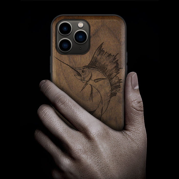 The Soaring Marlin, Classic Engraved Wood & TPU Case - Artisanal Cover for Apple iPhone