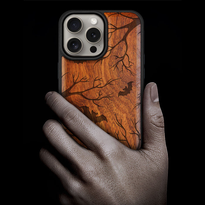 Bats in the Moonlight, Classic Engraved Wood & TPU Case - Artisanal Cover for Apple iPhone