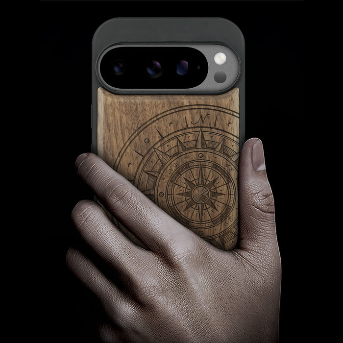 Compass Wave, Classic Engraved Wood & TPU Case - Artisanal Cover for Google Pixel