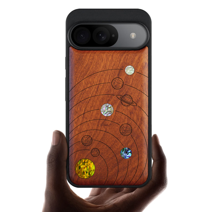 A Minimalist Line Work of Nine Planets, Hand-Inlaid Wood & Mother of Pearl Case - Artisanal Cover for Google Pixel