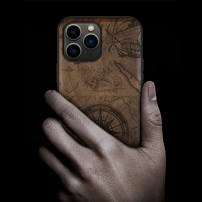 The Compass Amidst Pirates' Legacy, Classic Engraved Wood & TPU Case - Artisanal Cover for Apple iPhone