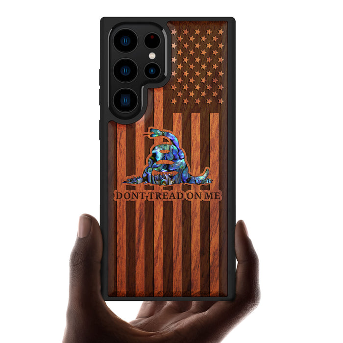 Gadsden Flag, Hand-Inlaid Wood & Mother of Pearl Case - Artisanal Cover for Samsung Galaxy