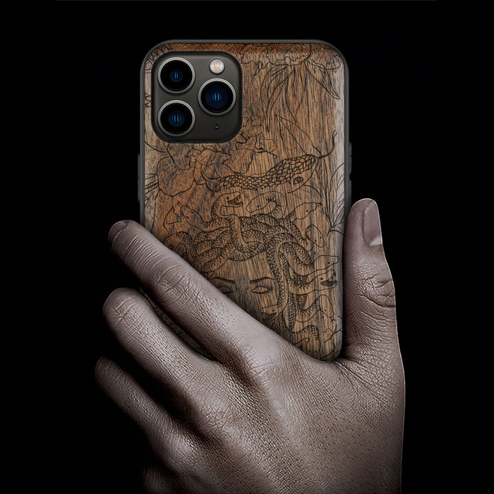 The Medusa Enigma, Classic Engraved Wood & TPU Case - Artisanal Cover for Apple iPhone