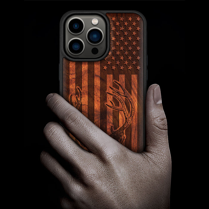 Deer Against the Backdrop of Stars and Stripes, Classic Engraved Wood & TPU Case - Artisanal Cover for Apple iPhone