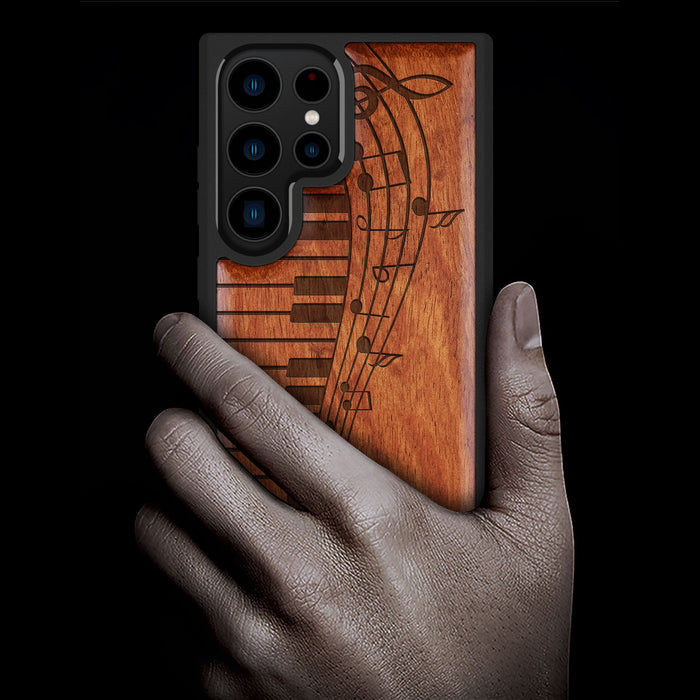 Melodic Waves, Classic Engraved Wood & TPU Case - Artisanal Cover for Samsung Galaxy