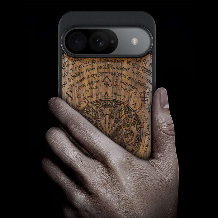 Dragon Skull within an Octagonal Star, Classic Engraved Wood & TPU Case - Artisanal Cover for Google Pixel