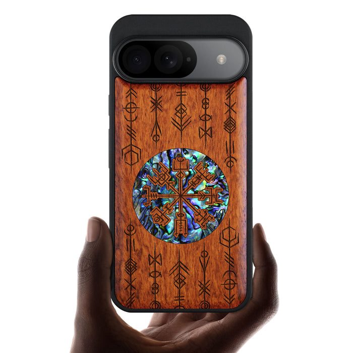 Echoes of Viking Lore, Hand-Inlaid Wood & Mother of Pearl Case - Artisanal Cover for Google Pixel