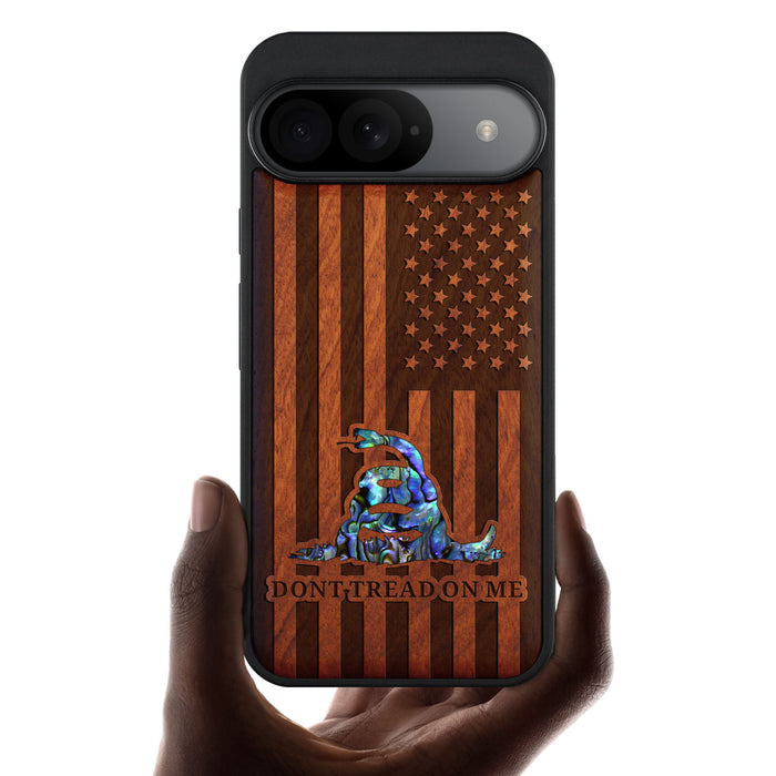 Gadsden Flag, Hand-Inlaid Wood & Mother of Pearl Case - Artisanal Cover for Google Pixel