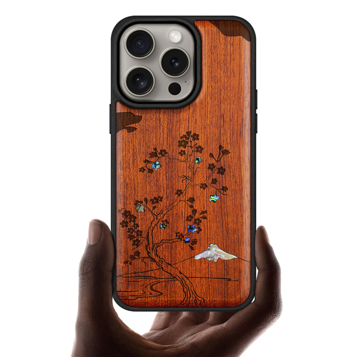 Cherry Blossom, Hand-Inlaid Wood & Mother of Pearl Case - Artisanal Cover for Apple iPhone