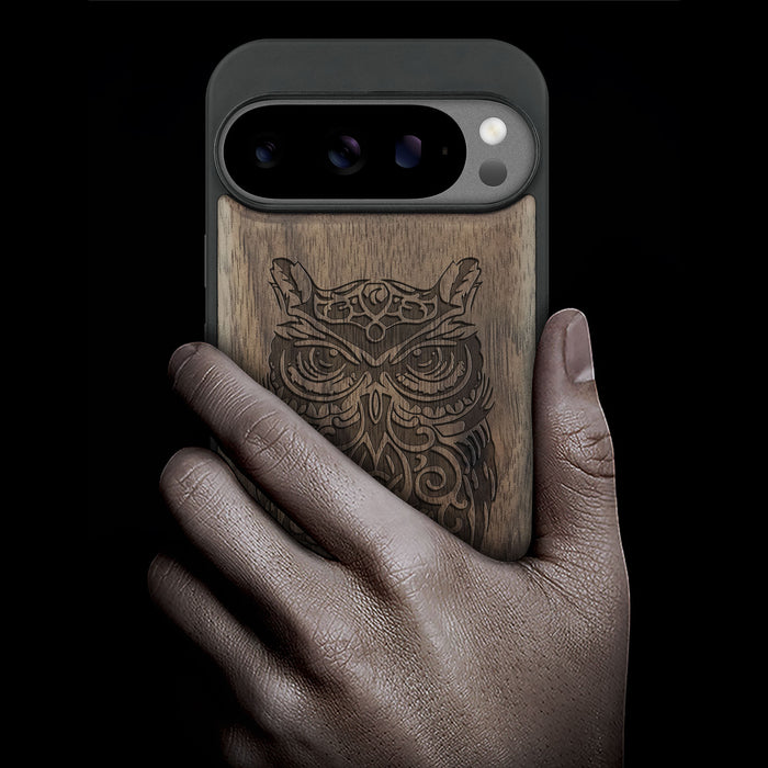 An Owl Perched on a Branch, Classic Engraved Wood & TPU Case - Artisanal Cover for Google Pixel