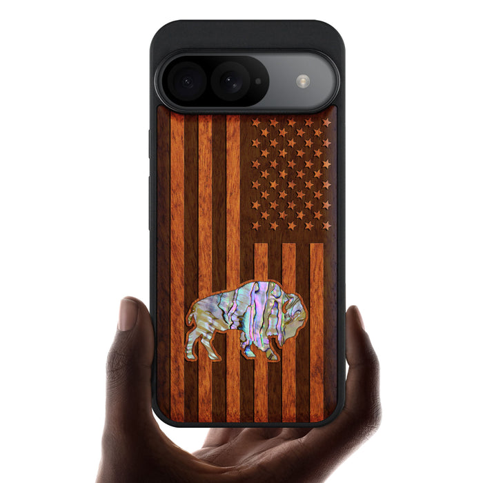 American Flag, Bison, Hand-Inlaid Wood & Mother of Pearl Case - Artisanal Cover for Google Pixel