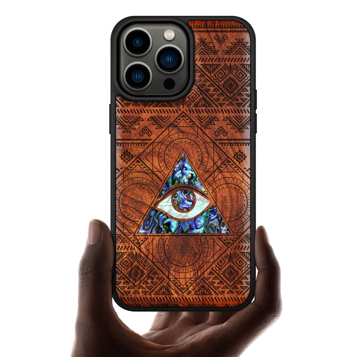 The All-Seeing Eye, Hand-Inlaid Wood & Mother of Pearl Case - Artisanal Cover for Apple iPhone