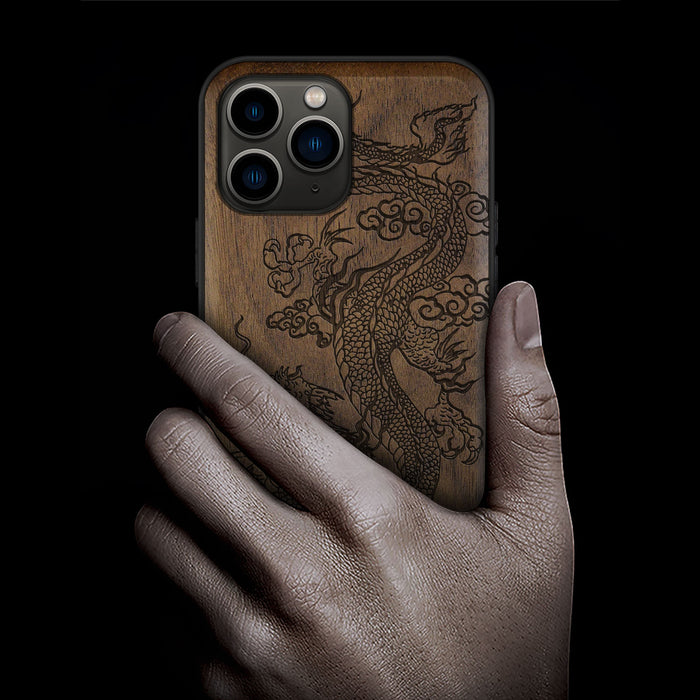 The Majestic Chinese Dragon, Classic Engraved Wood & TPU Case - Artisanal Cover for Apple iPhone