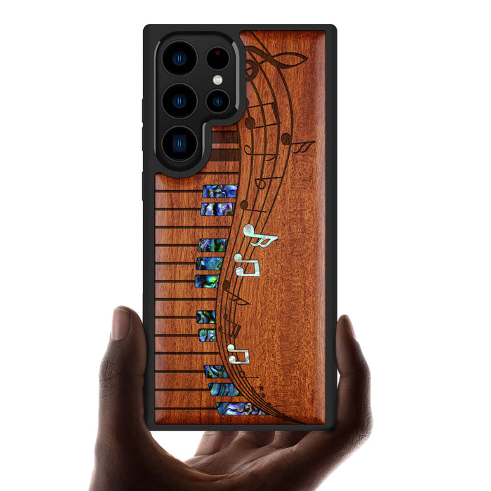 Melodic Waves, Hand-Inlaid Wood & Mother of Pearl Case - Artisanal Cover for Samsung Galaxy