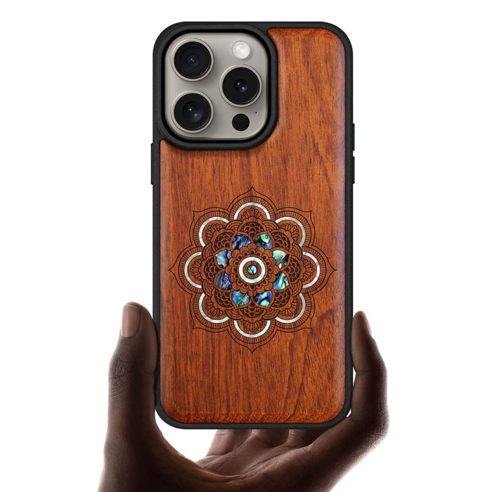 Mystic Floral Harmony, Hand-Inlaid Wood & Mother of Pearl Case - Artisanal Cover for Apple iPhone