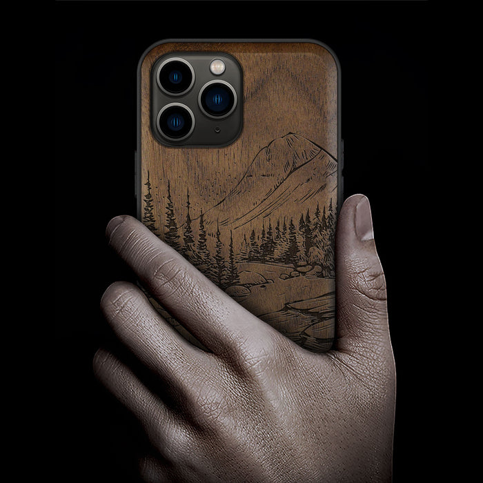 The Lake and Mountain Landscape, Classic Engraved Wood & TPU Case - Artisanal Cover for Apple iPhone