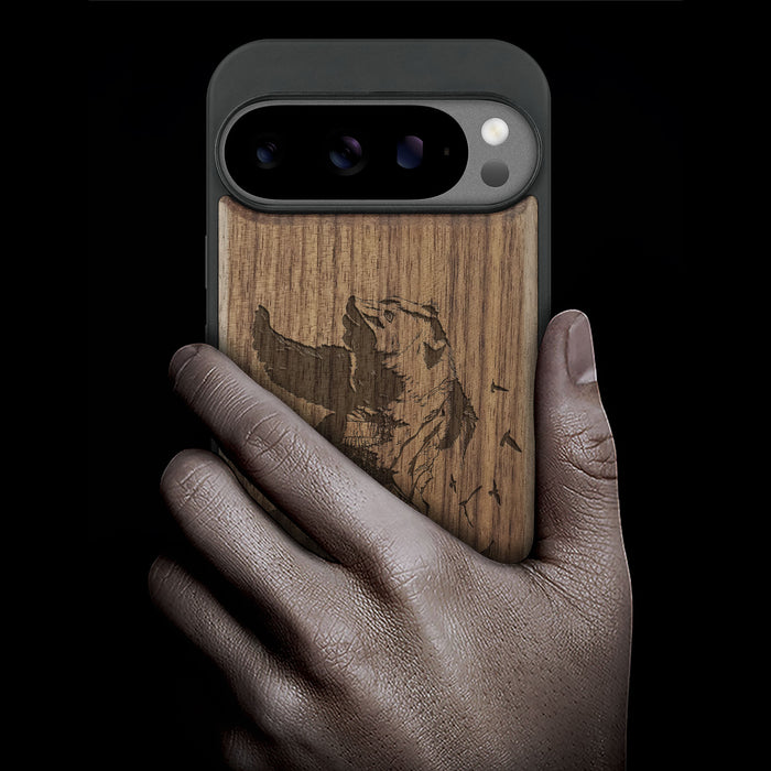 Majestic Bear in Nature's Embrace, Classic Engraved Wood & TPU Case - Artisanal Cover for Google Pixel