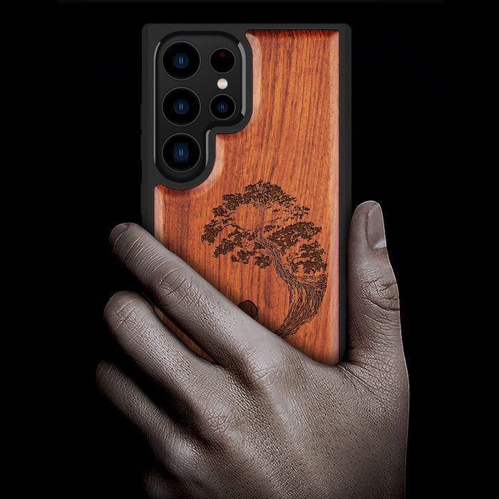 Yin Yang Bonsai Tree in Japanese Style, Classic Engraved Wood & TPU Case - Artisanal Cover for Samsung Galaxy