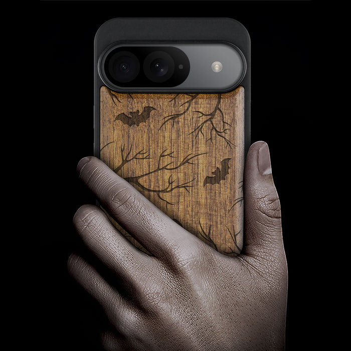 Bats in the Moonlight, Classic Engraved Wood & TPU Case - Artisanal Cover for Google Pixel