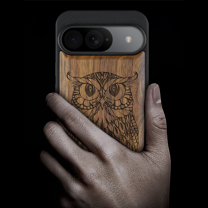 The Owl Mandala, Classic Engraved Wood & TPU Case - Artisanal Cover for Google Pixel