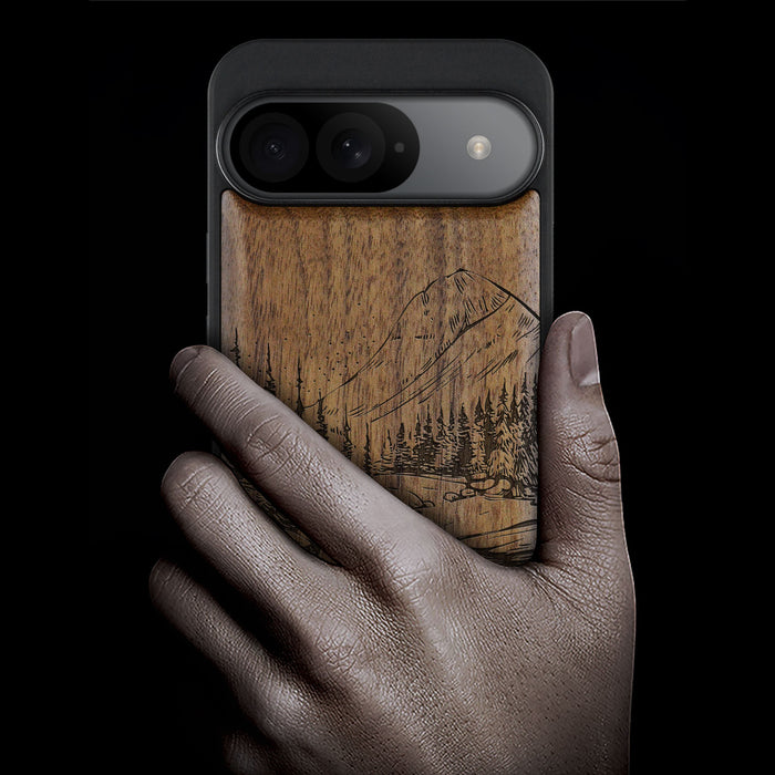 The Lake and Mountain Landscape, Classic Engraved Wood & TPU Case - Artisanal Cover for Google Pixel