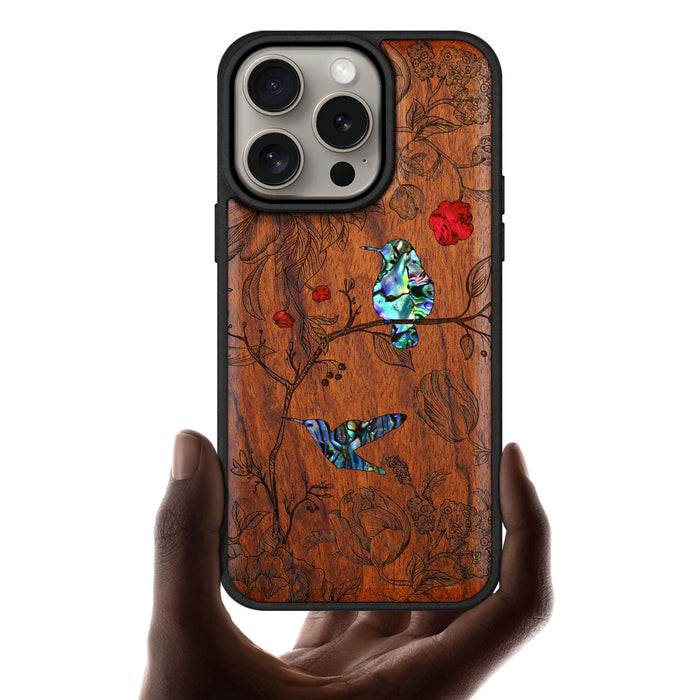 A Dance of Flora and Avian, Hand-Inlaid Wood & Mother of Pearl Case - Artisanal Cover for Apple iPhone