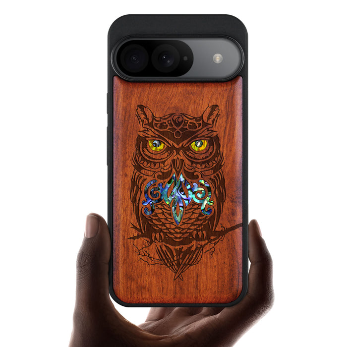 An Owl Perched on a Branch, Hand-Inlaid Wood & Mother of Pearl Case - Artisanal Cover for Google Pixel