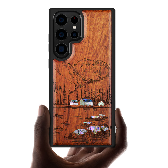 Mountains, Lake, and Village Life, Hand-Inlaid Wood & Mother of Pearl Case - Artisanal Cover for Samsung Galaxy